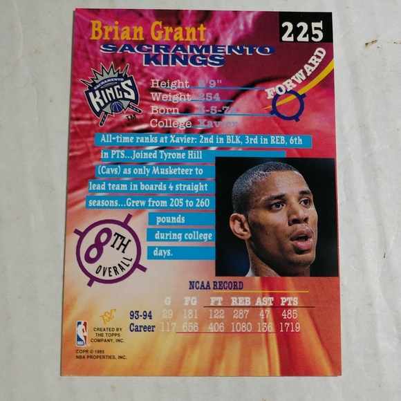 1995-96 TOPPS STADIUM CLUB BRIAN GRANT SACRAMENTO KINGS #225. - Picture 3 of 7